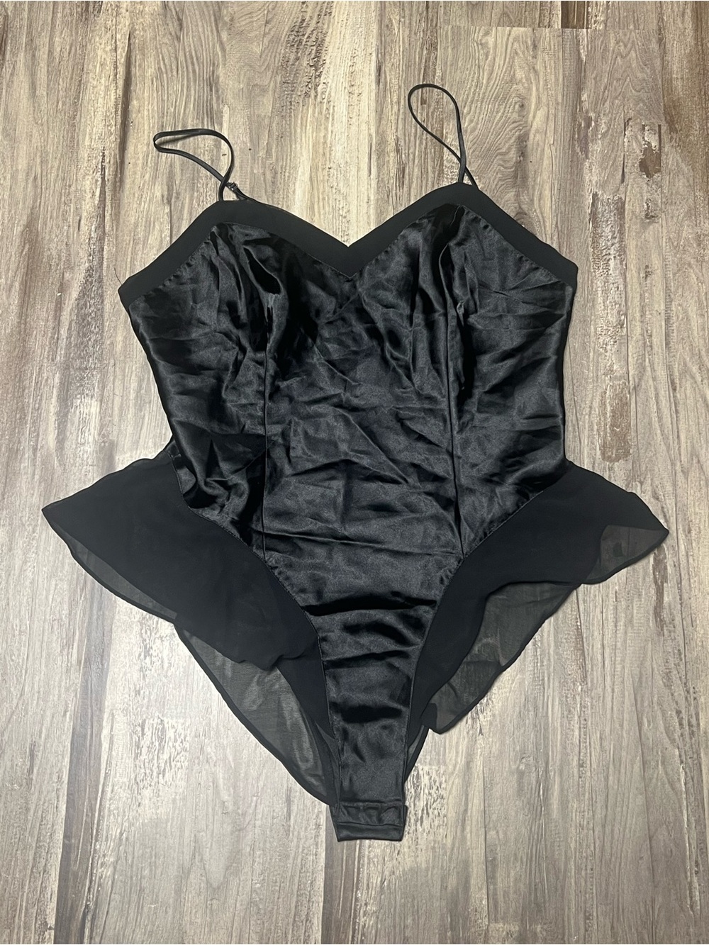 Vintage 90s Victorias Secret Black Satin Chiffon Ruffle Teddy Bodysuit Medium